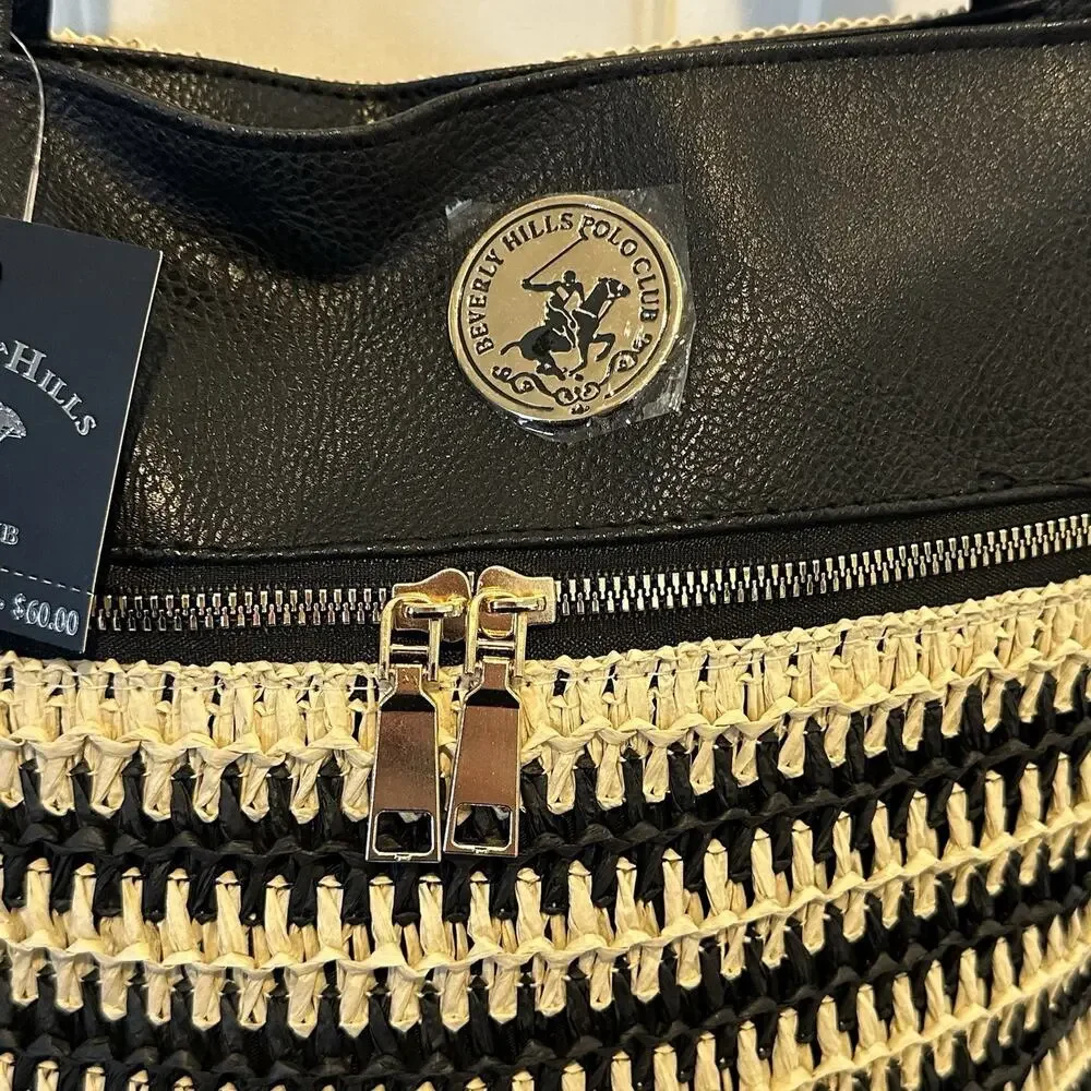 Beverly‎ Hills Polo Club Women Black Straw Stripe Tote Bag Gold Logo NWT